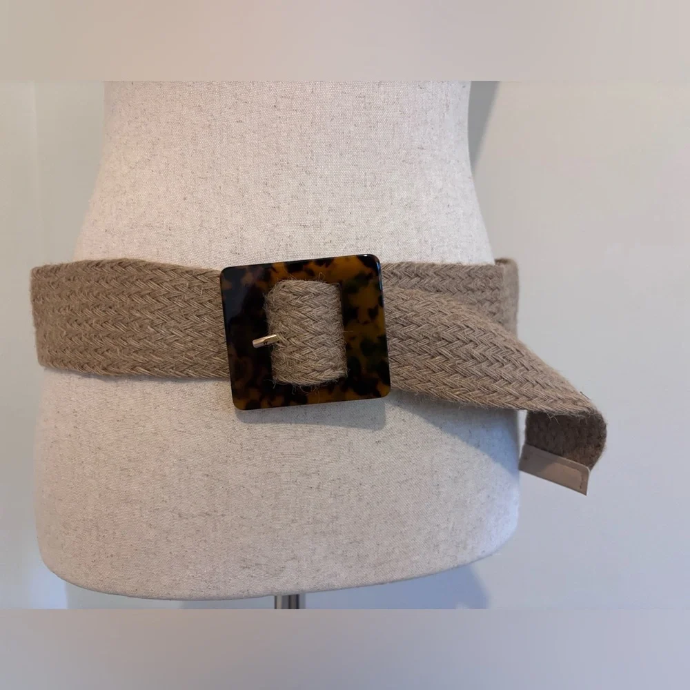 Woven Burlap Stretch Belt Large Tortoise Square Buckle Boho Neutral